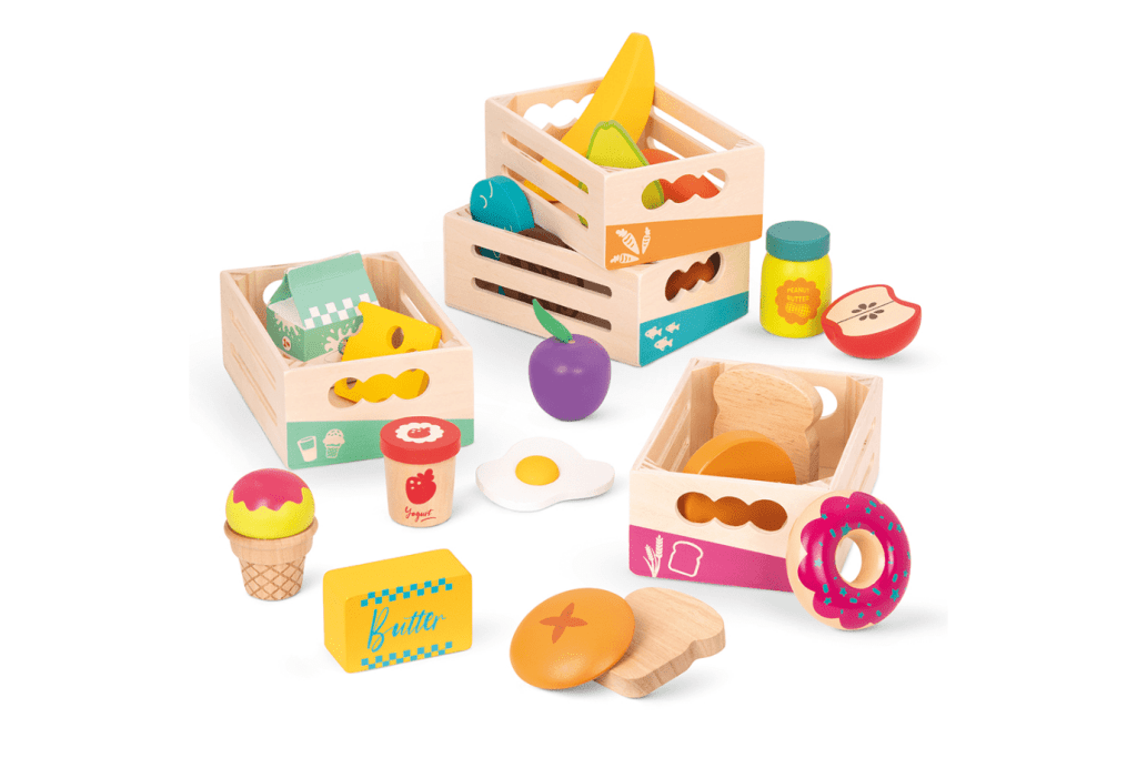 Wooden Play Food Set – 20-Piece Pretend Food Toy with Storage Crates
