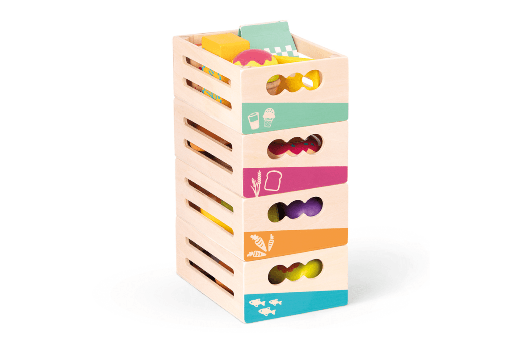 Wooden Play Food Set – 20-Piece Pretend Food Toy with Storage Crates
